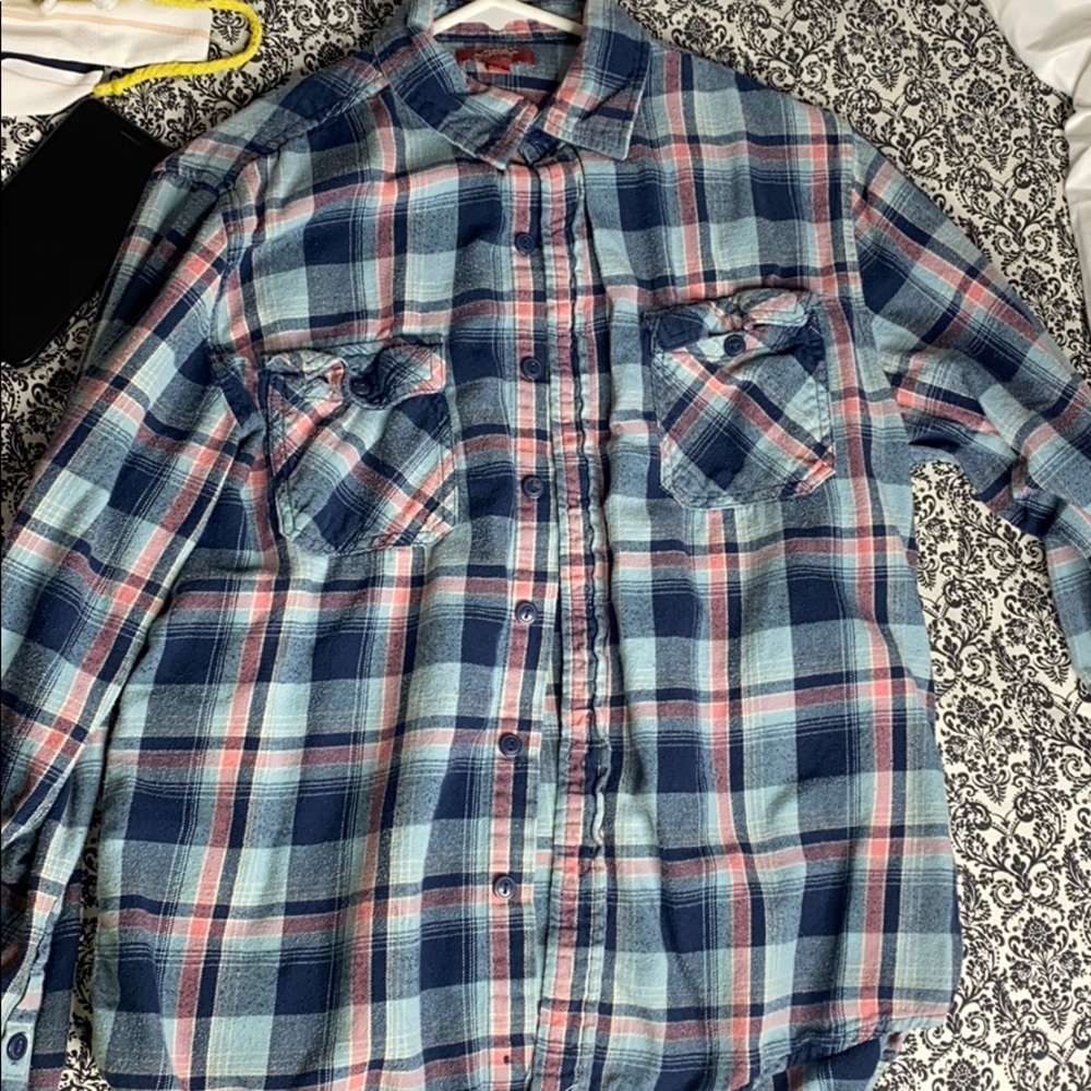 Blue and pink flannel.
